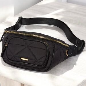 NWT Black Quilted Nylon Belt Bag, Waist Bag, Fanny Pack with Gold Hardware